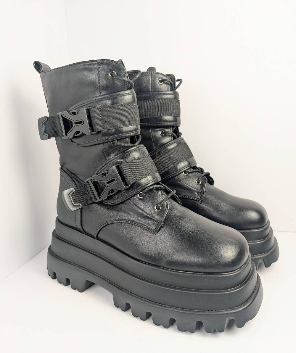 Fashion Nova Most Daring Black faux leather combat platform boots womens 9